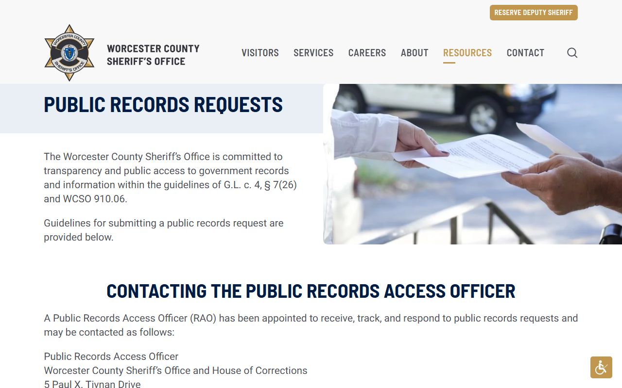 Worcester County jail mugshots public records request page