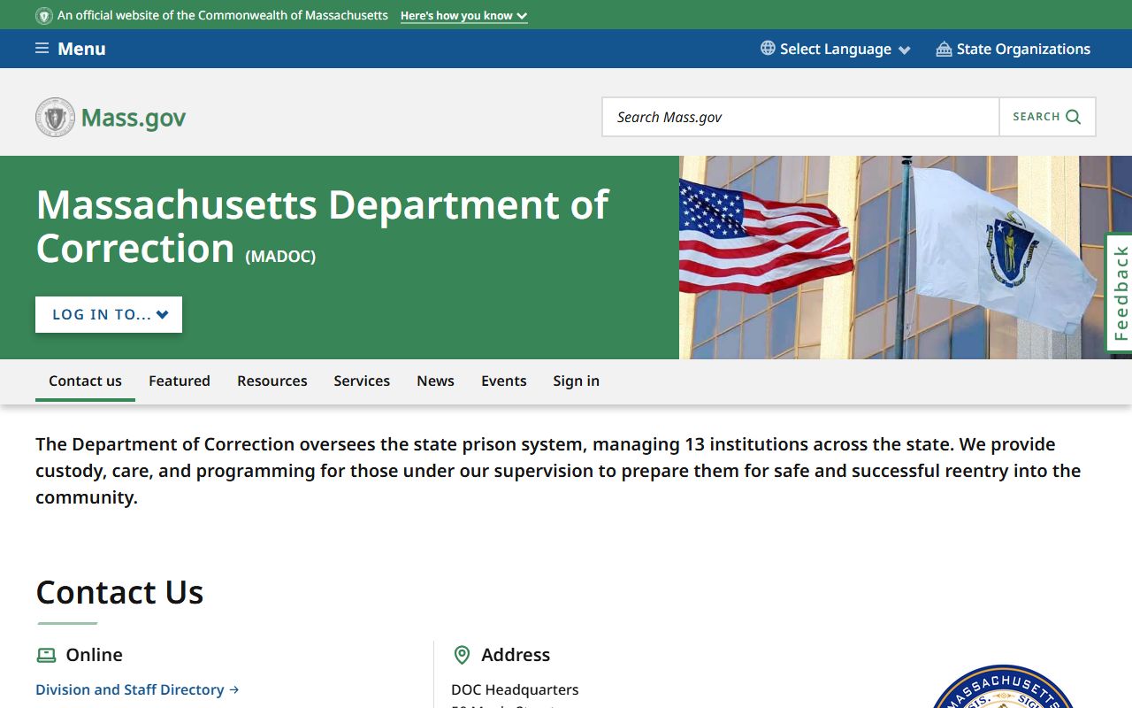 Massachusetts Department of Correction homepage for jail mugshots