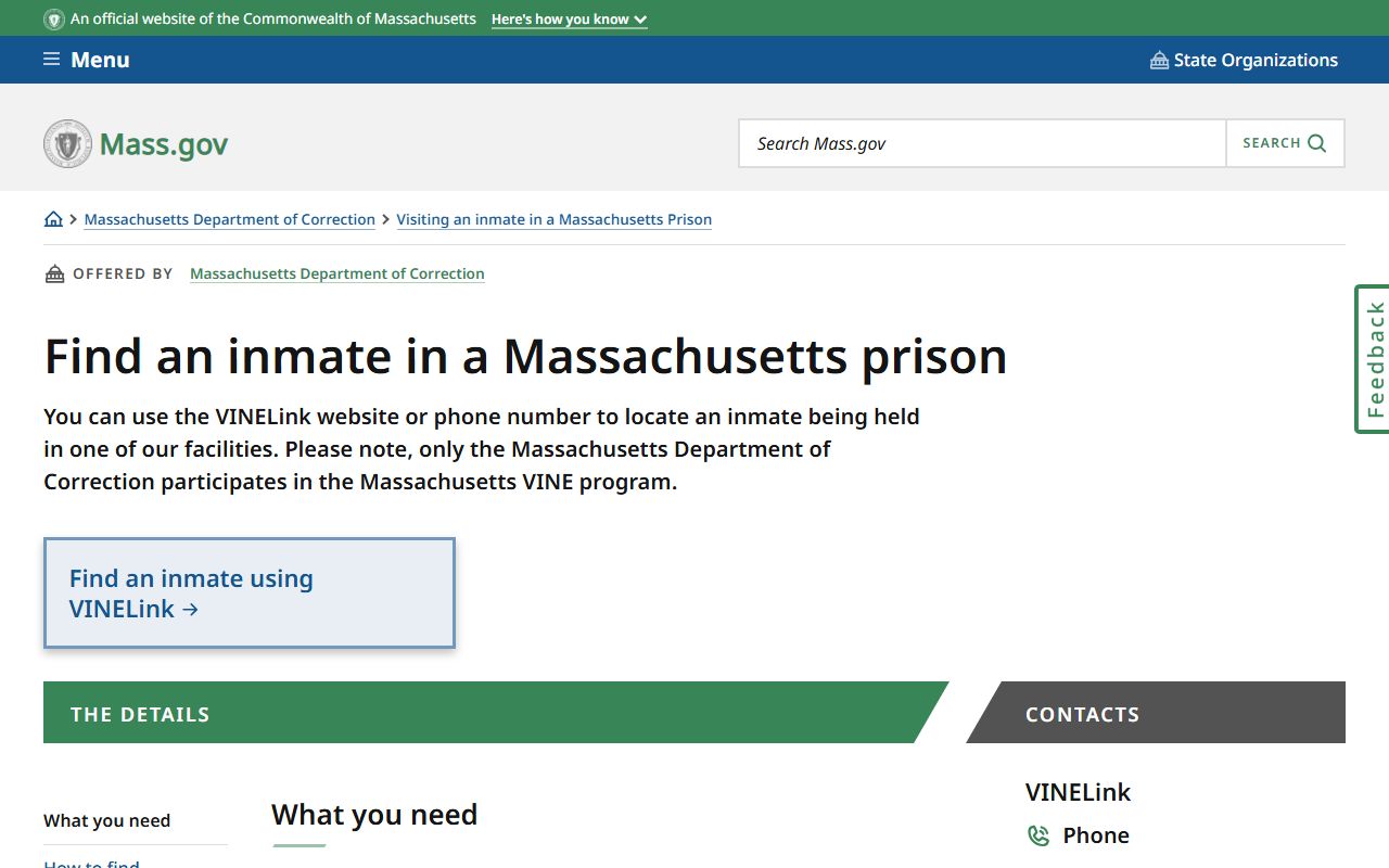 Massachusetts jail mugshots state inmate search landing page